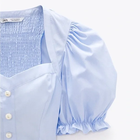 NWT Zara PEARL BUTTON CROP TOP Size XS Blue 7755/485/406 - Picture 7 of 8